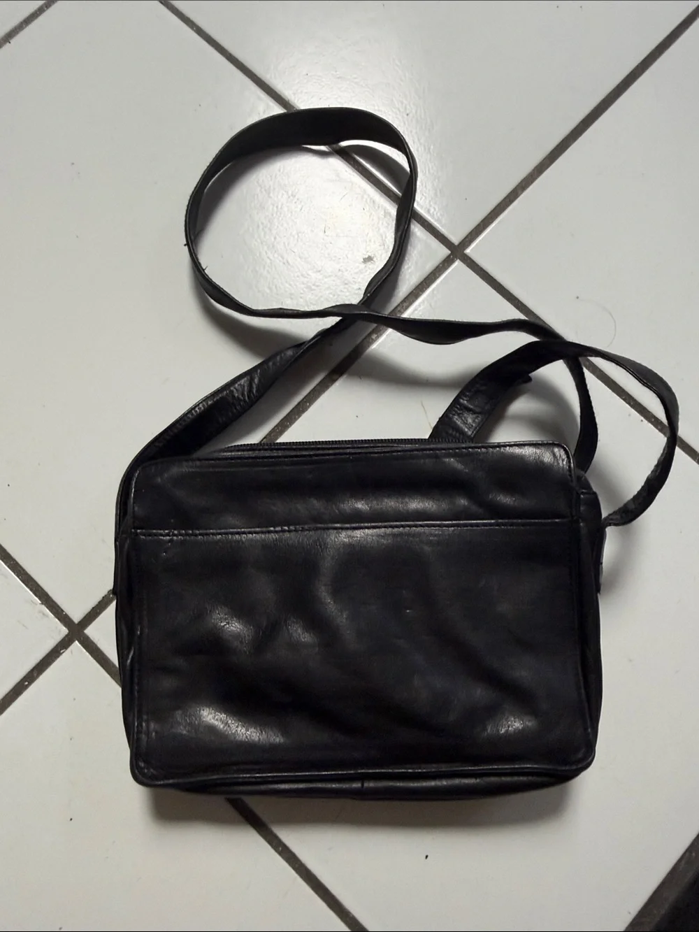 Perlina Black Leather Messenger Bag with Gold Hardware